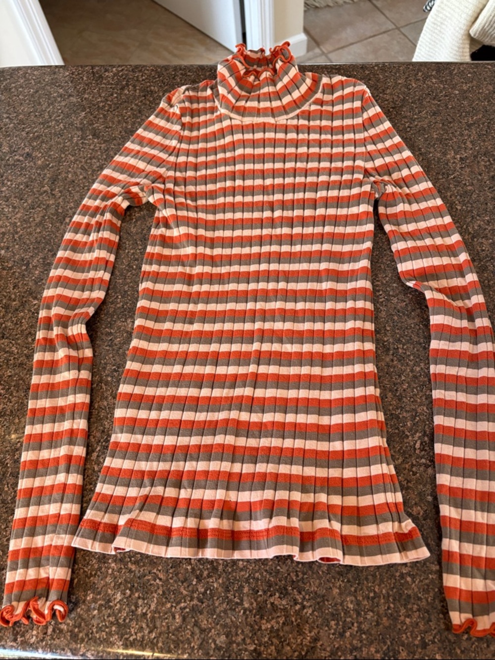 Madewell Orange, Cream, Brown Striped Ribbed Turtleneck Lite Top-S-CTN-SPNDX